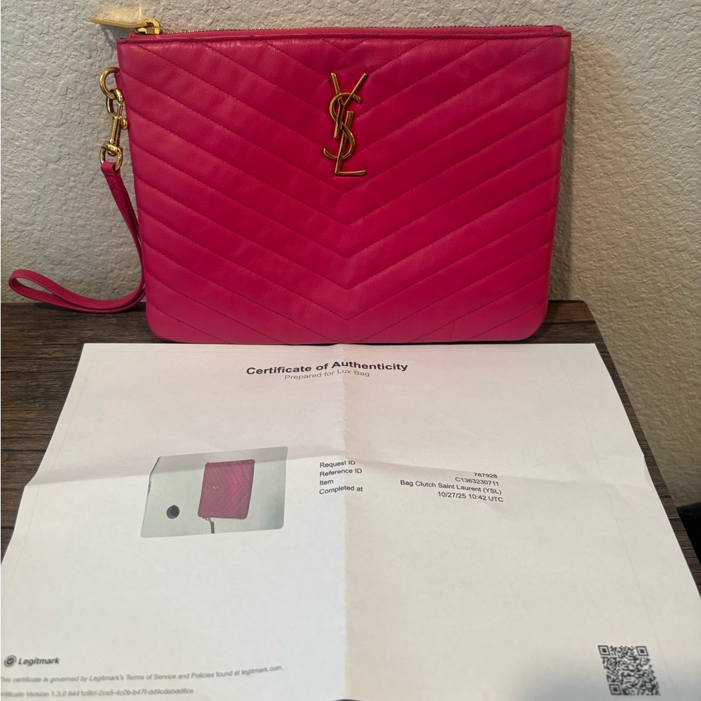 Saint Laurent YSL Pink Chevron Quilted Cassandre Clutch Wristlet Handbag - Picture 13 of 13
